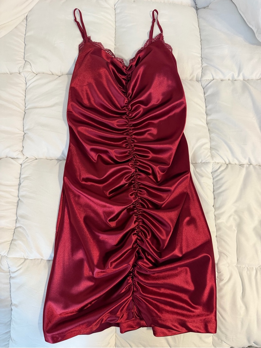 Emerald Sundae Satin Ruched Slip Dress - Burgundy Red